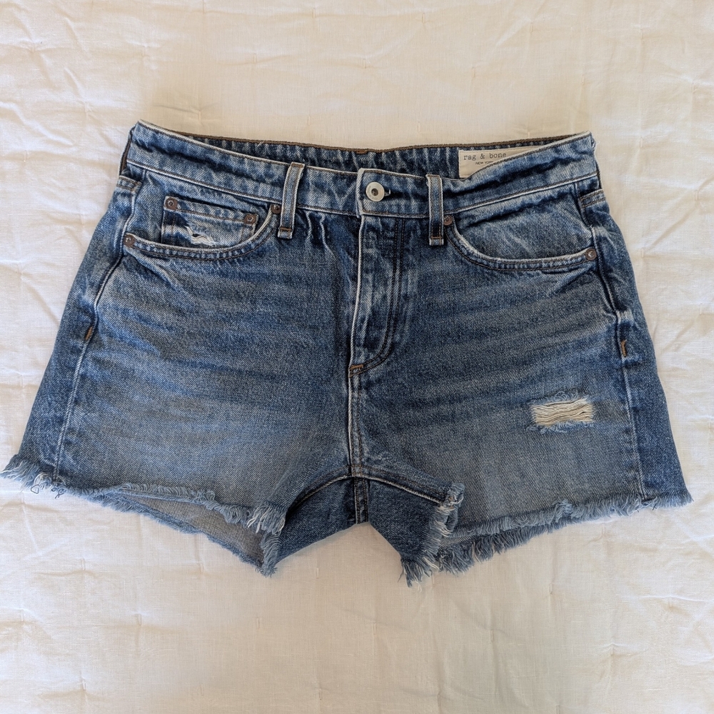 Rag & Bone Dre Low Rise Denim Shorts Size 27 Norwalk Blue Distressed Raw Hem